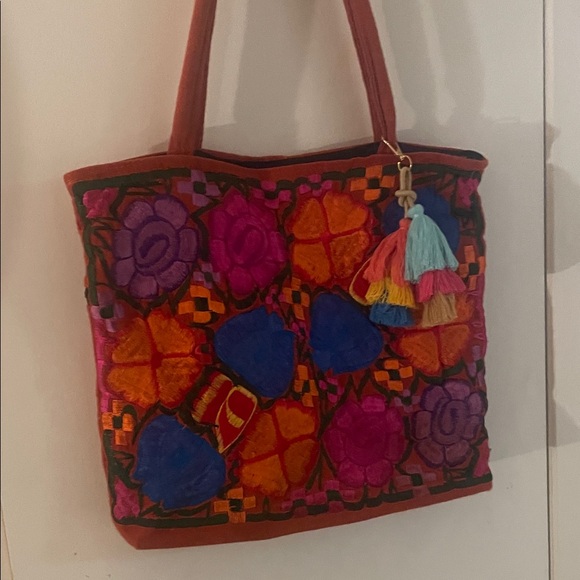 Handbags - Artisan Boho Mexican Embroidered Large Zippered Tote Bag with Tassel Charm
